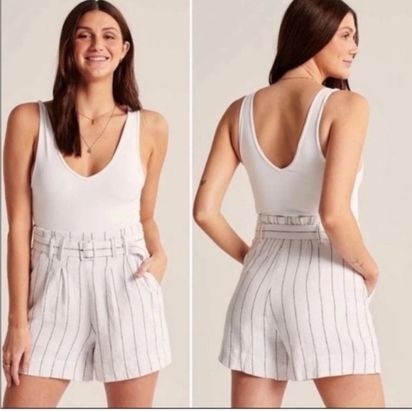 Abercrombie & Fitch Womens Medium Ultra High Rise Linen Blend Shorts White Black - Picture 2 of 13
